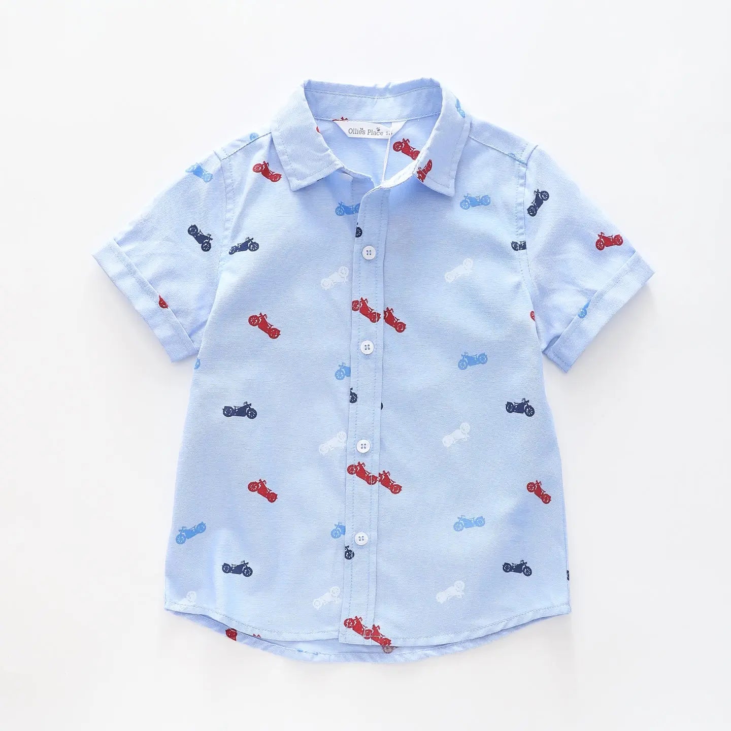 Boy's Blue Shirt With Motorcycle Print Ollies Place