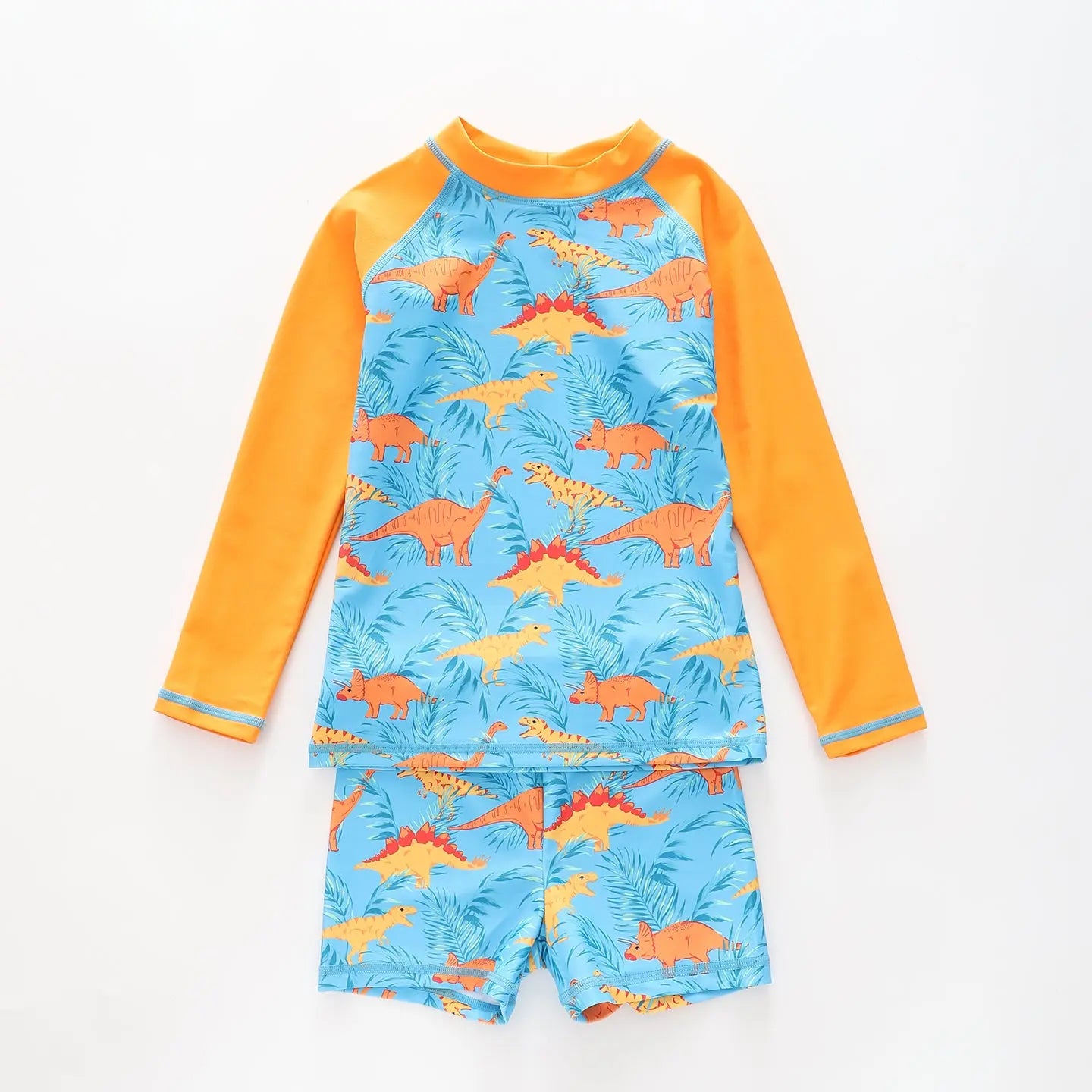 Boy's Blue and Orange Dinosaur Print Two Piece Swimsuit Set Ollies Place
