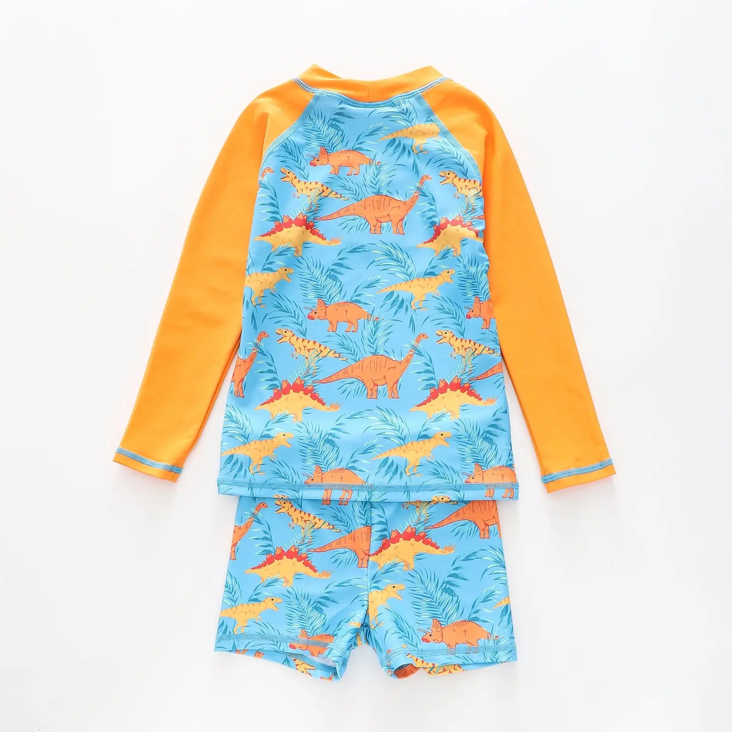 Boy's Blue and Orange Dinosaur Print Two Piece Swimsuit Set Ollies Place