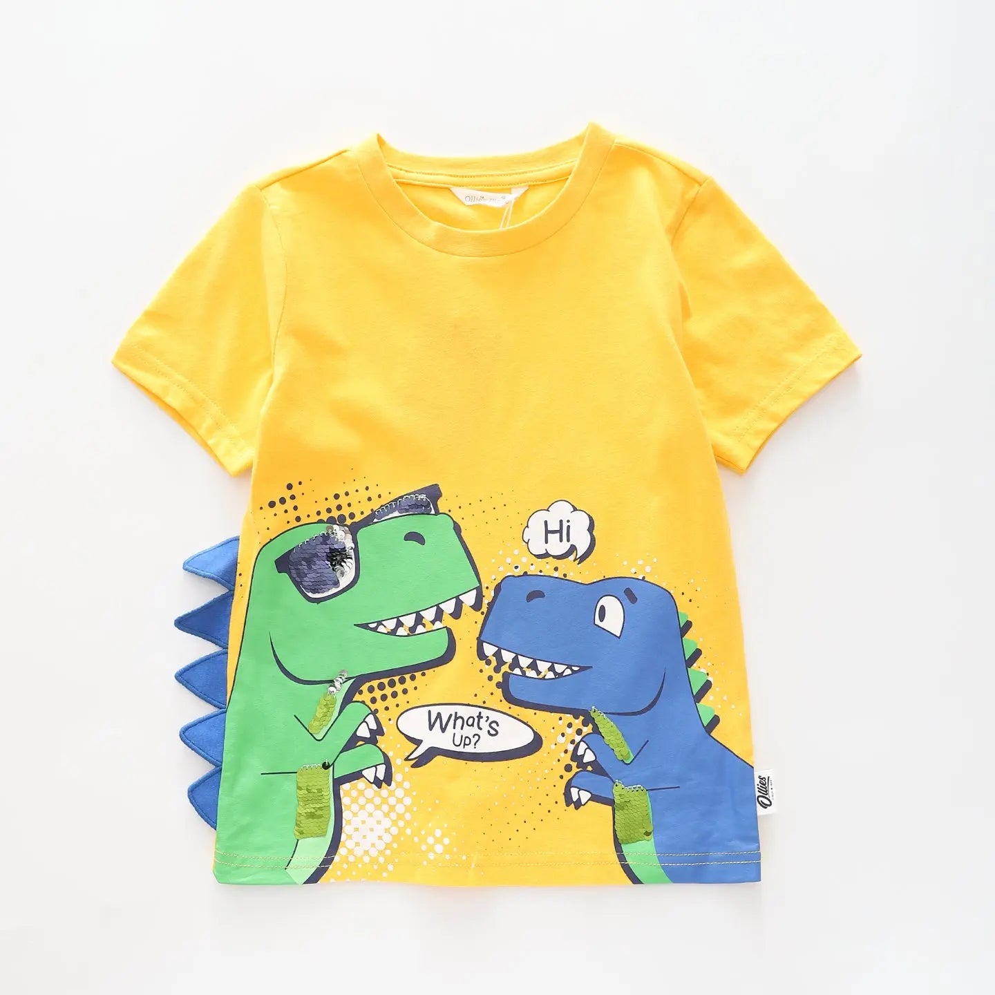 Boy's Yellow T-shirt With 'Hi' 'What's Up?' Dinosaur Print Ollies Place