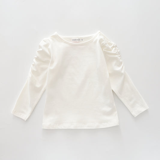 Classic Long Sleeve Ivory  Tee With Scoop Neck And Ruching Sleeve Details