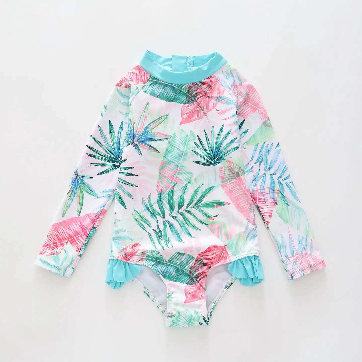 Girl's Blue, White, and Green Tropical Long Sleeve One Piece Swimsuit Ollies Place