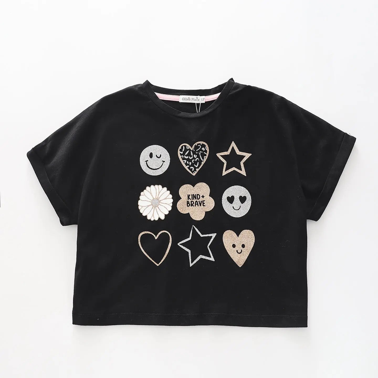 Girl's Cropped Black 'KIND + BRAVE' Glitter T-Shirt Ollies Place