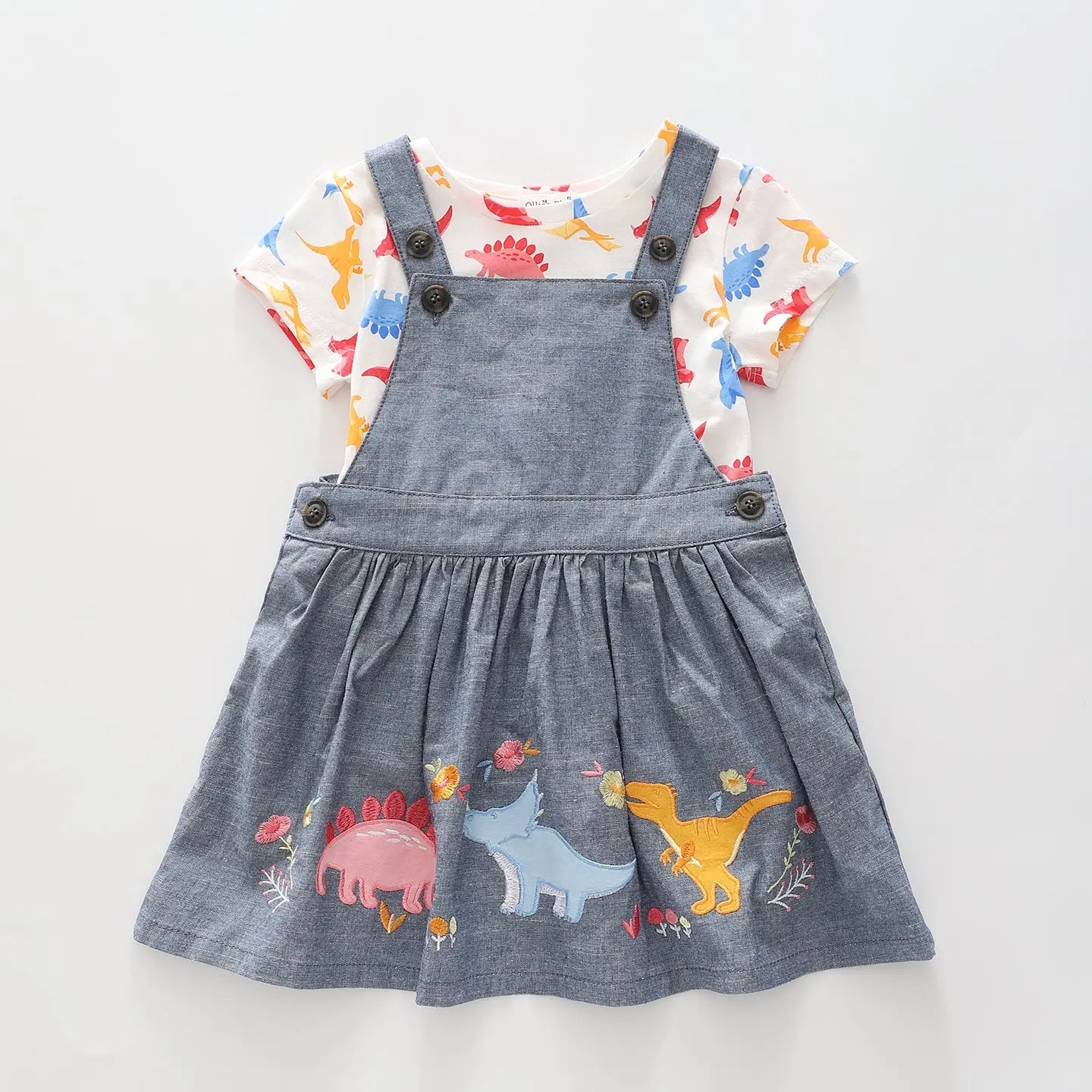 ladies dinosaur dress Girl's Dinosaur Denim Pinafore Dress And T-Shirt Set