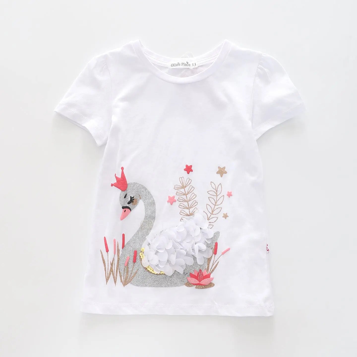 Girl's Glittery White Swan T-Shirt Ollies Place