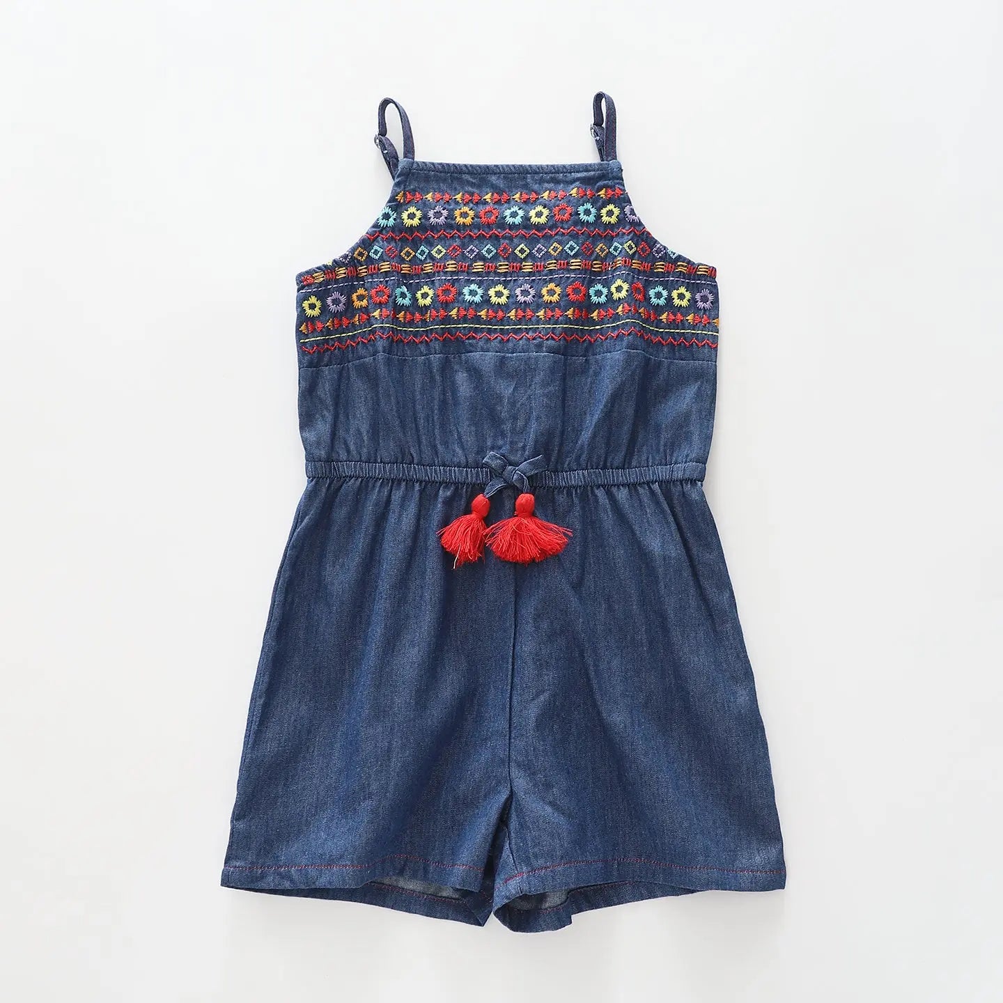 Girl's Retro Denim Embroidered Romper Ollies Place