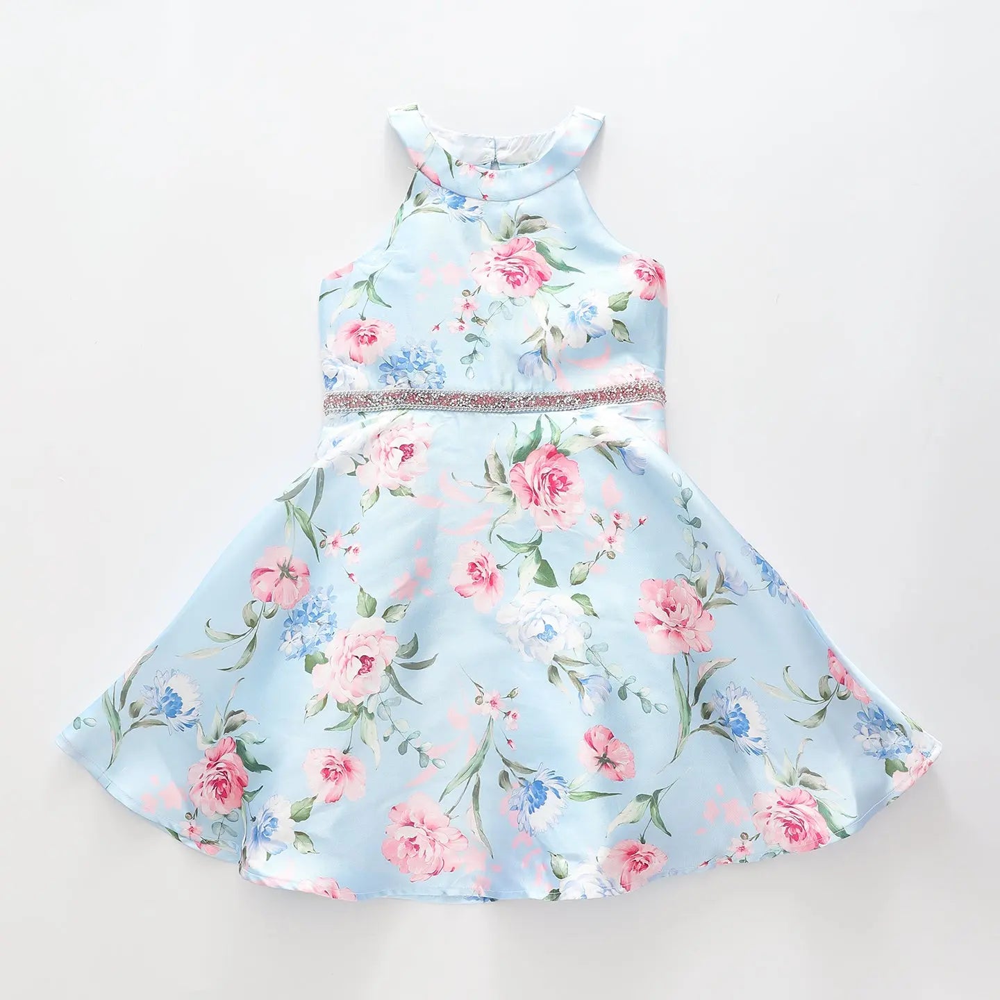 blue dress with pink flowers Girl's Sky Blue Pink Floral Party Dress