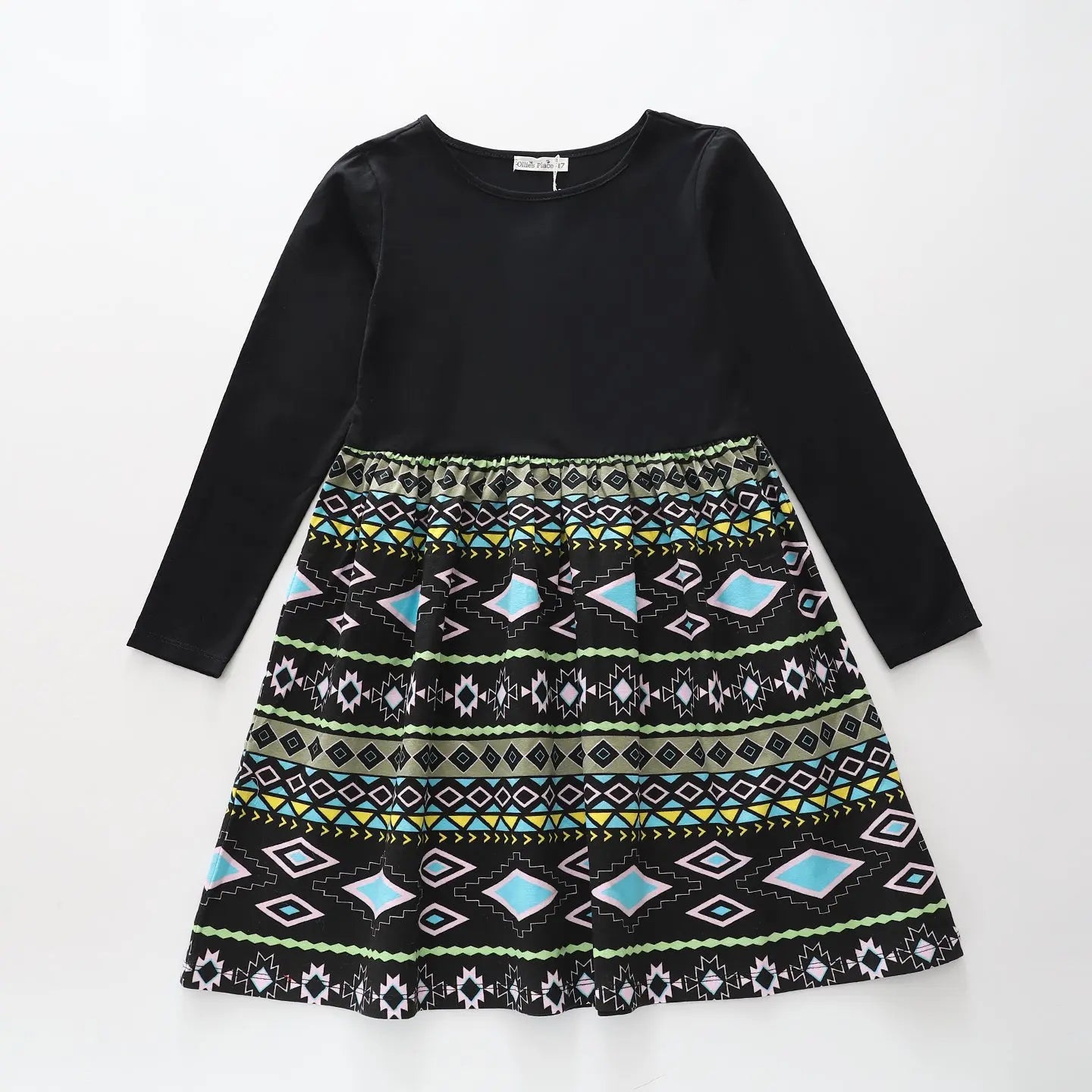 Girls Geometric Print LS Dress Ollies Place
