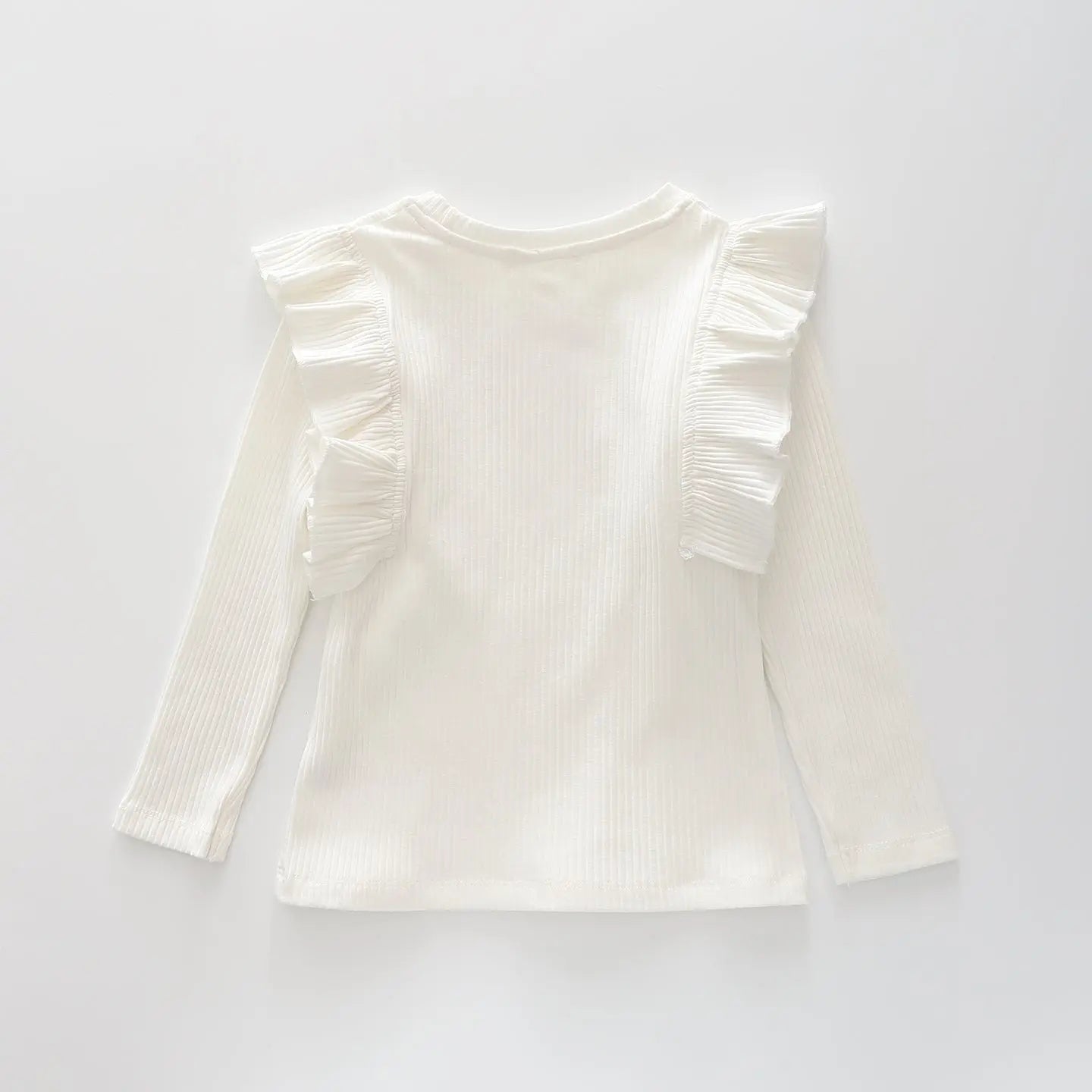 Girls White Ribbed Ruffle LS Top Ollies Place