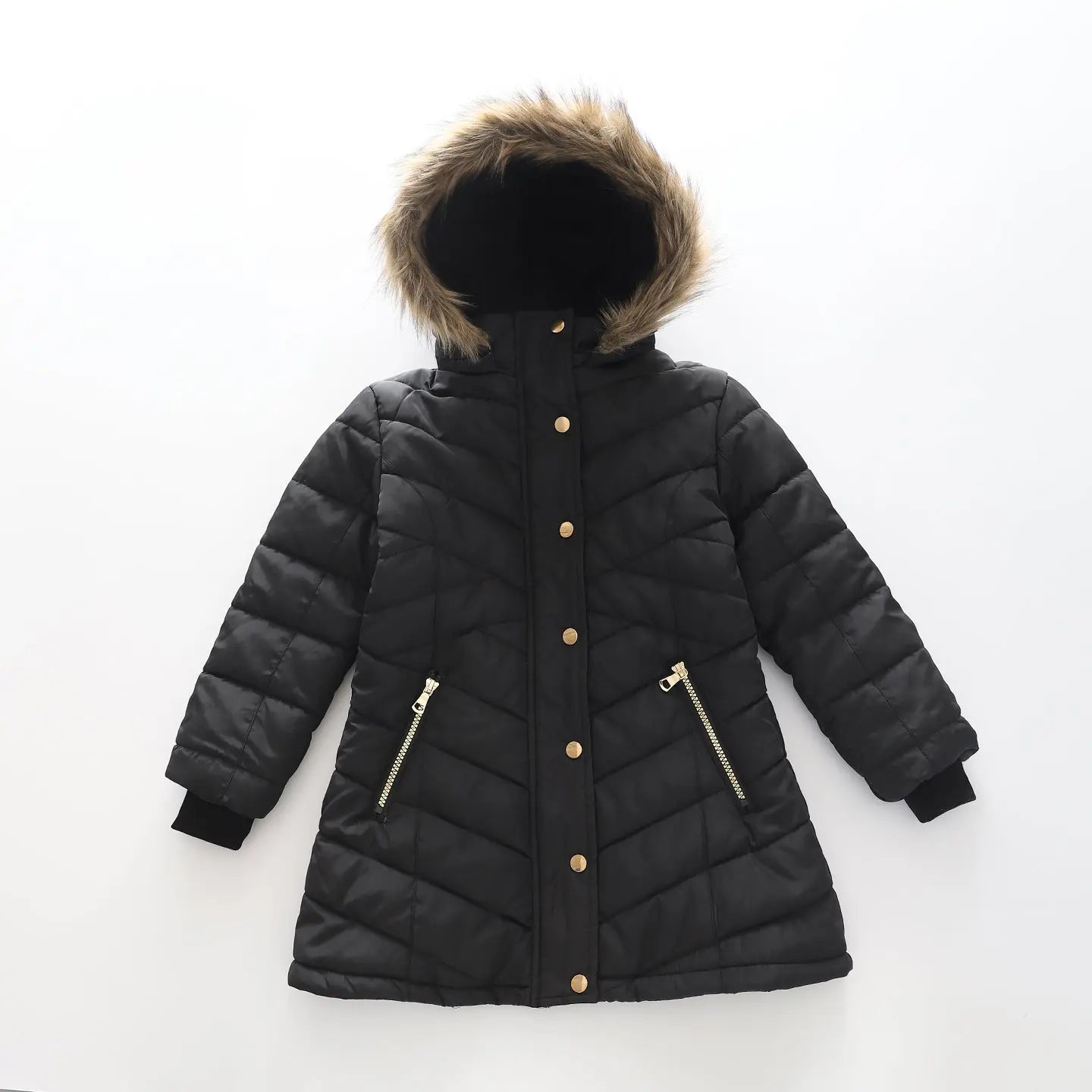 Girls Black Long Line Puffer Coat