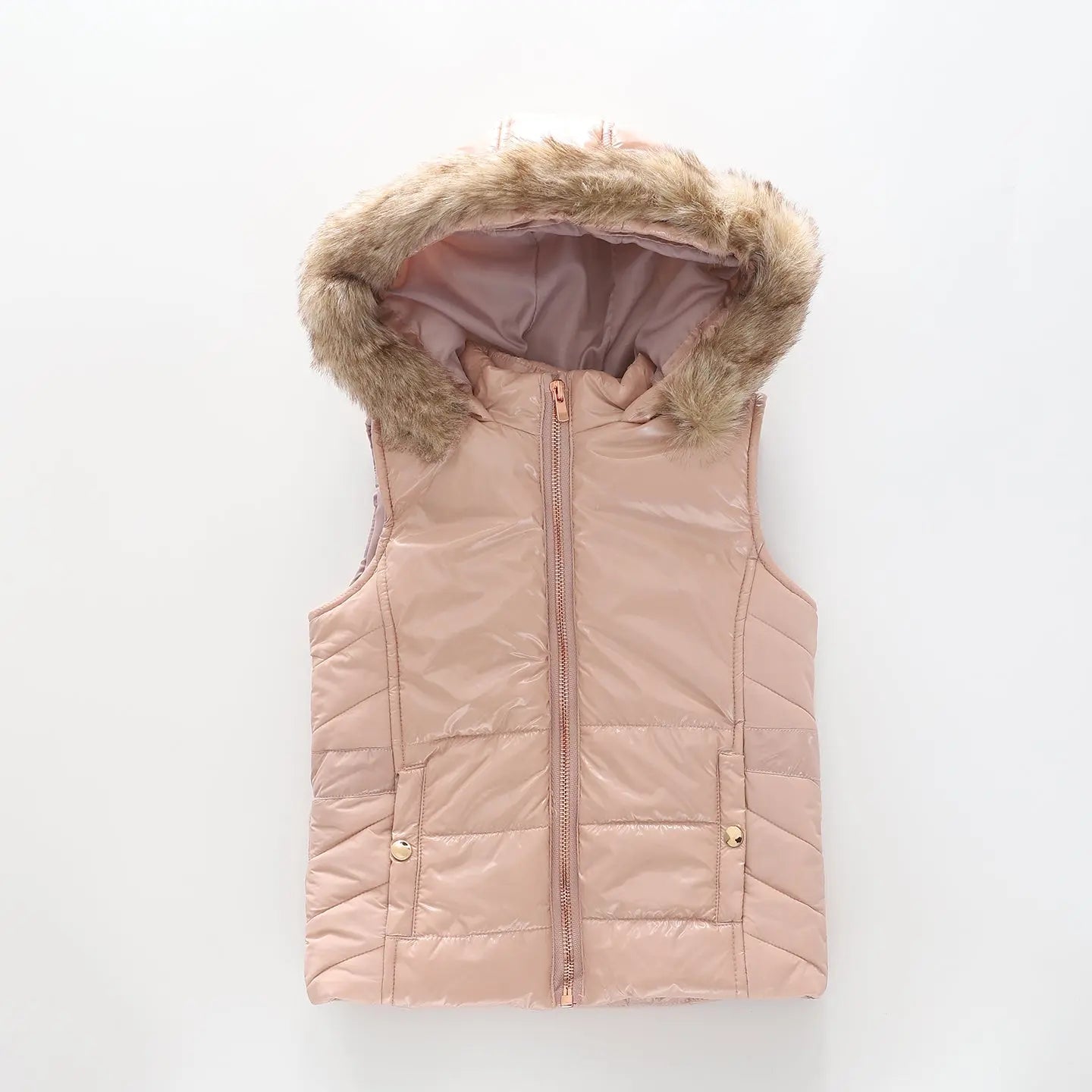 Girls Pink Puffer Vest with Fur Trim Hood Ollies Place Kidswear