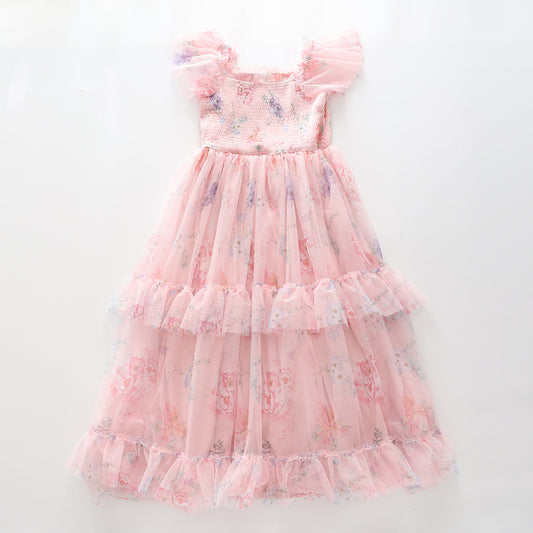 Girl's Chiffon Pink Floral Tiered Party Dress