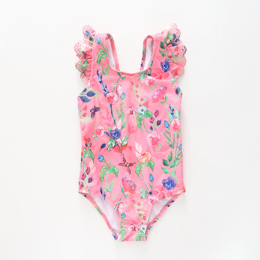 Girl's Watercolour Floral Pink One Piece Swimsuit
