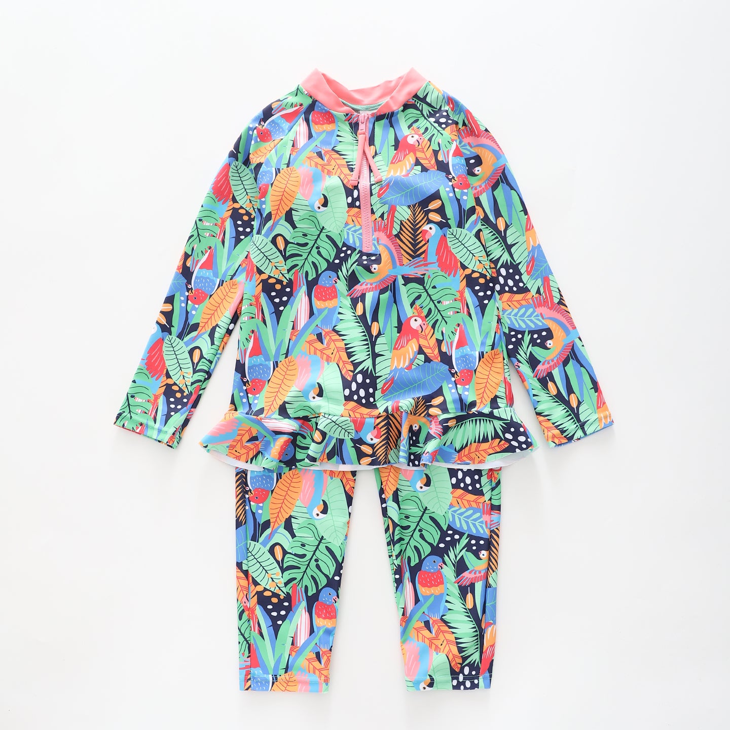 Girl's Jungle Print Pink and Green Long Sleeve Swimsuit Set