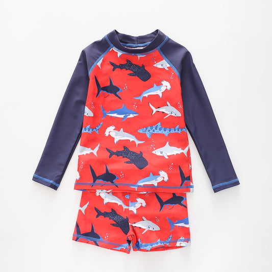 Boy's Red Swim With Sharks Print Two Piece Swimsuit Set