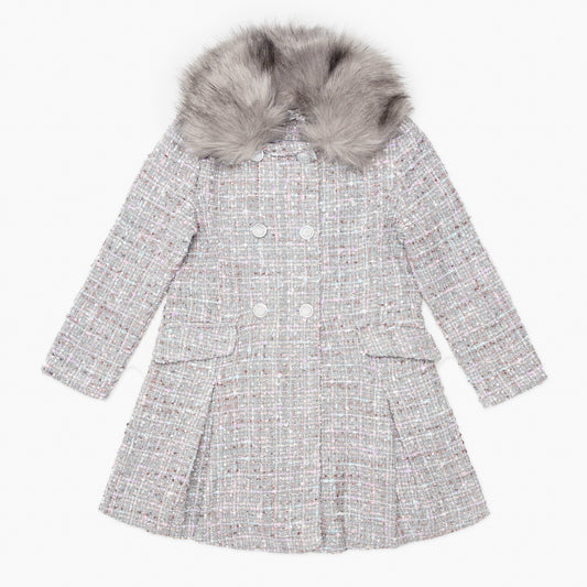 Girls Grey Fur Trim Woollen Coat