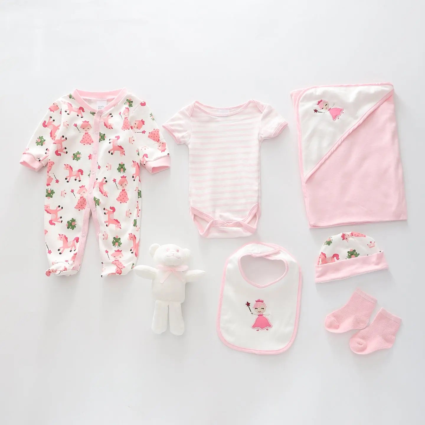 7pc cotton interlock baby gift set Cute fairy princess unicorn and frog print Ollies Place