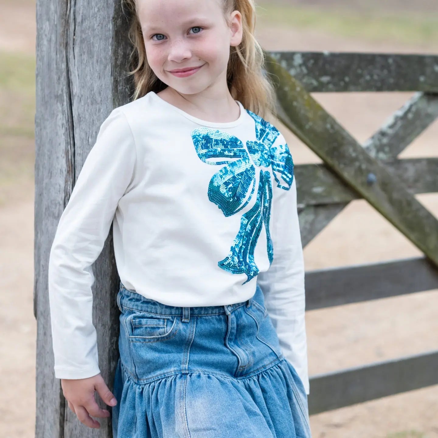 Blue Sequin Bow LS Tee Ollies Place