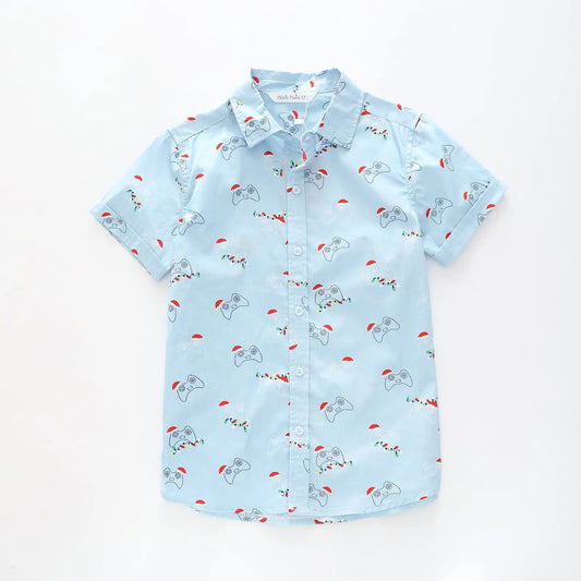 Boy's Blue Button-down Shirt With Christmas Print Ollies Place