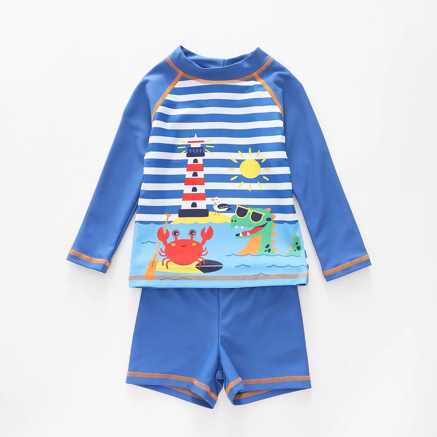 Boy's Blue Striped Lighthouse Print Two Piece Swimsuit Set Ollies Place