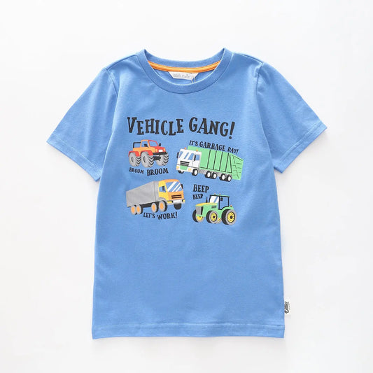 Boy's Blue T-shirt With 'Vehicle Gang' Truck Print Ollies Place