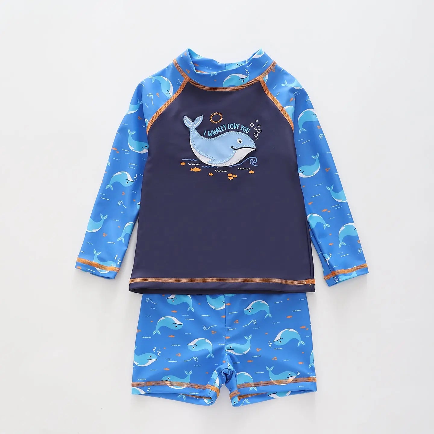 Boy's Blue and Orange Whale Print Two Piece Swimsuit Set Ollies Place