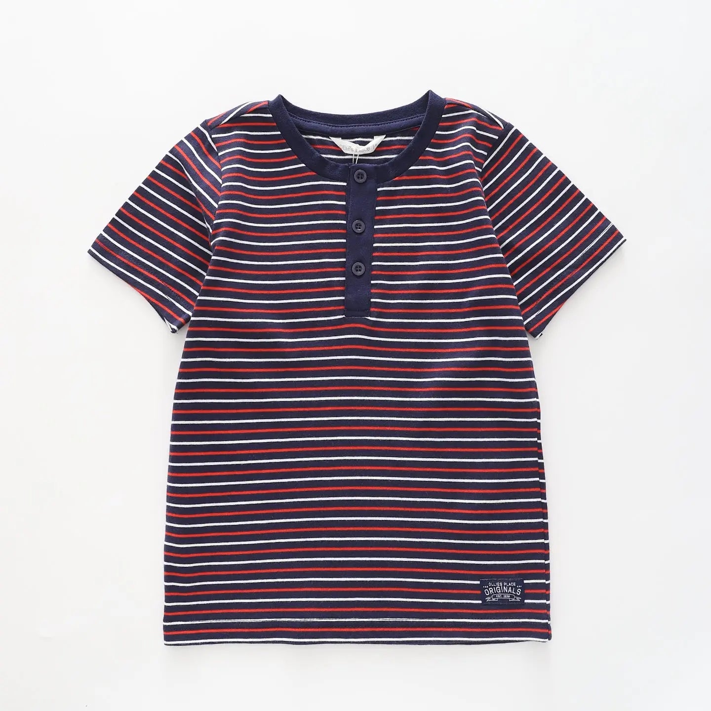 Boy's Navy, Red And White Striped Henley T-shirt Ollies Place