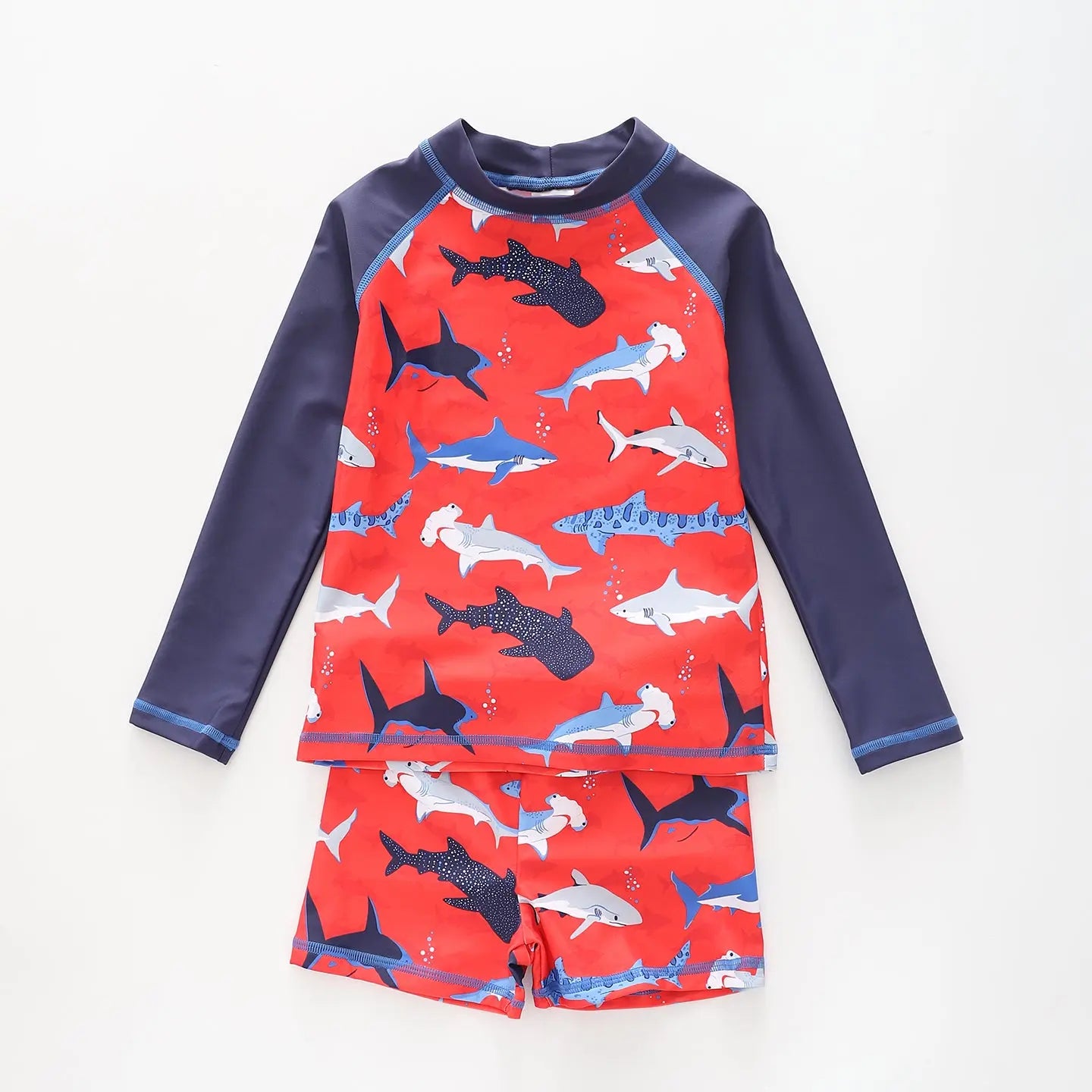 Boy's Red Swim With Sharks Print Two Piece Boy's Swimsuit Set Ollies Place