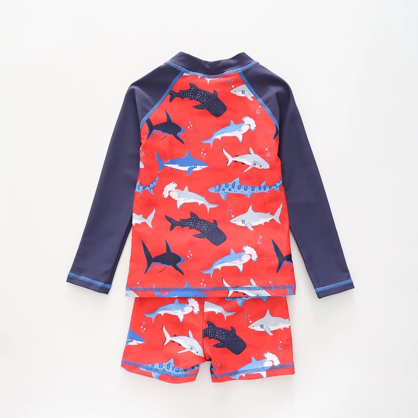 Boy's Red Swim With Sharks Print Two Piece Boy's Swimsuit Set Ollies Place