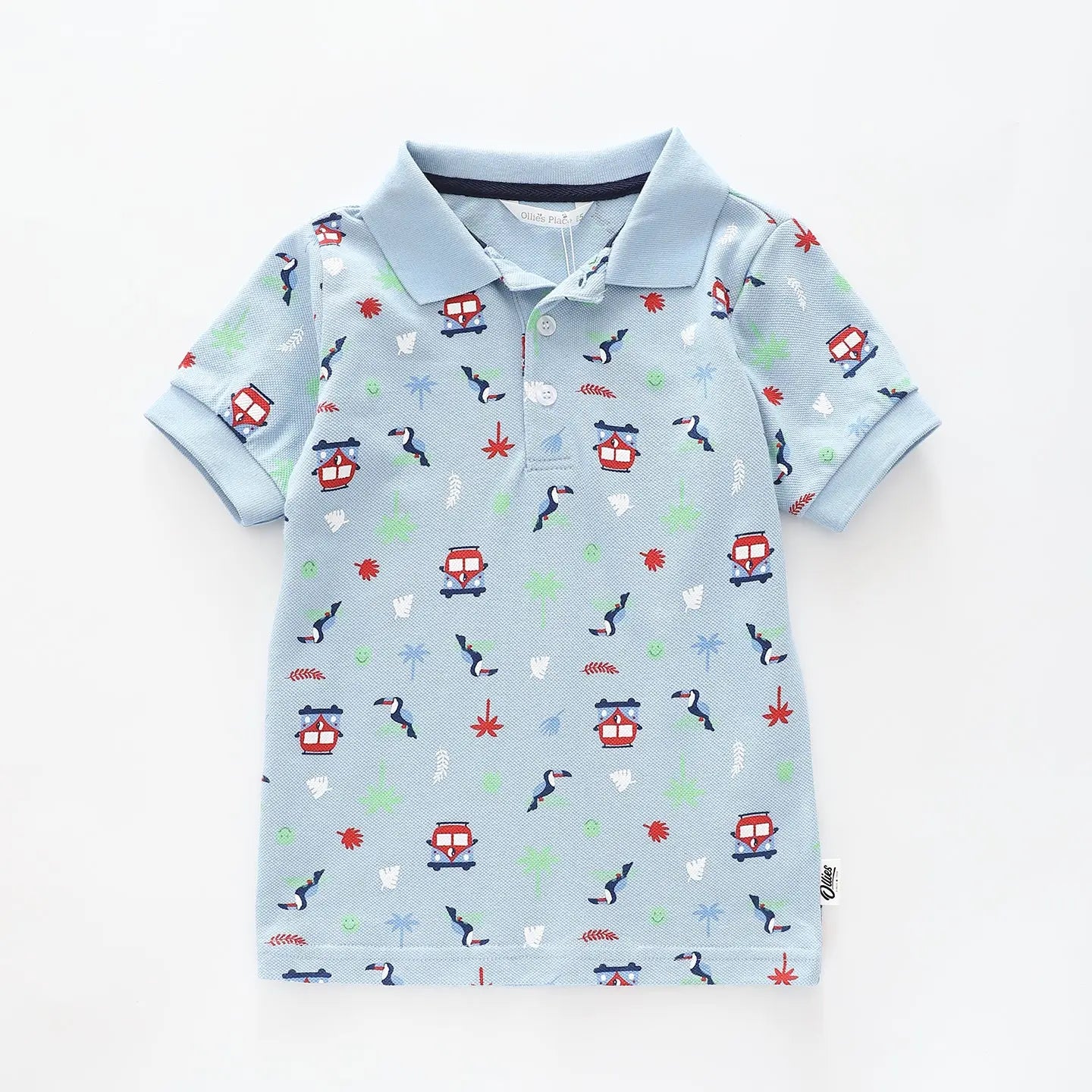 Boy's Sky Blue Polo Shirt With Jungle Combi Van Print Ollies Place