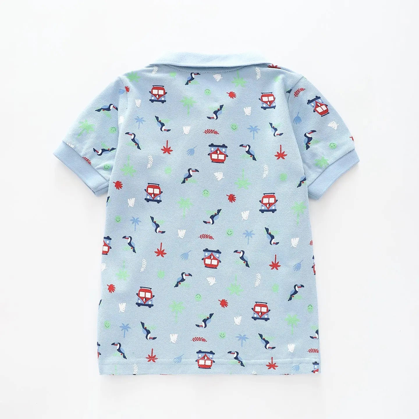 Boy's Sky Blue Polo Shirt With Jungle Combi Van Print Ollies Place