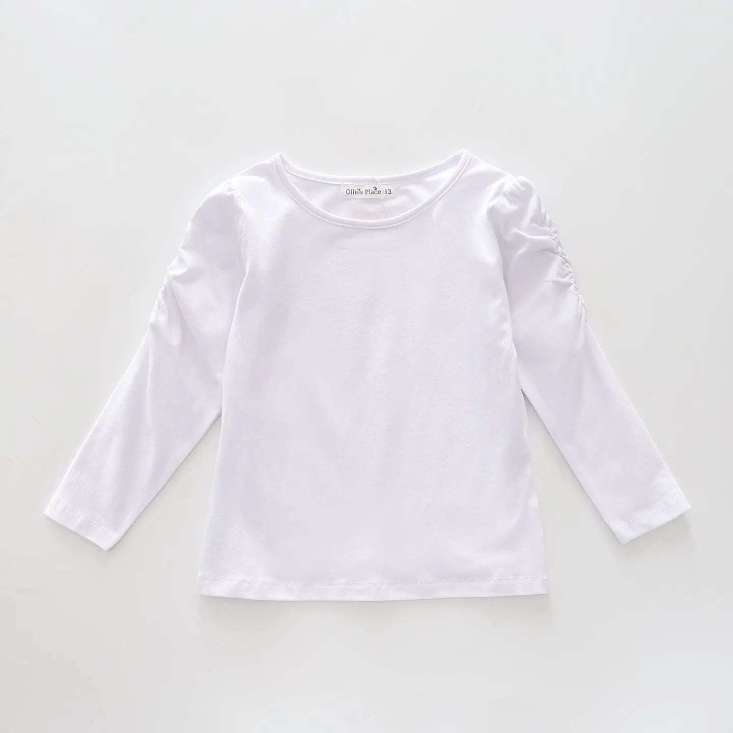 Classic Long Sleeve White  Tee With Scoop Neck And Ruching Sleeve Details Ollies Place