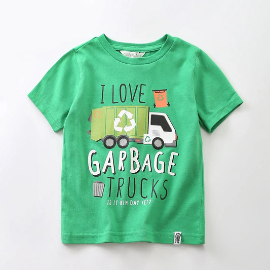 EPJB6126 I Love Garbage Trucks Junior Boys Green Print Tee Ollies Place