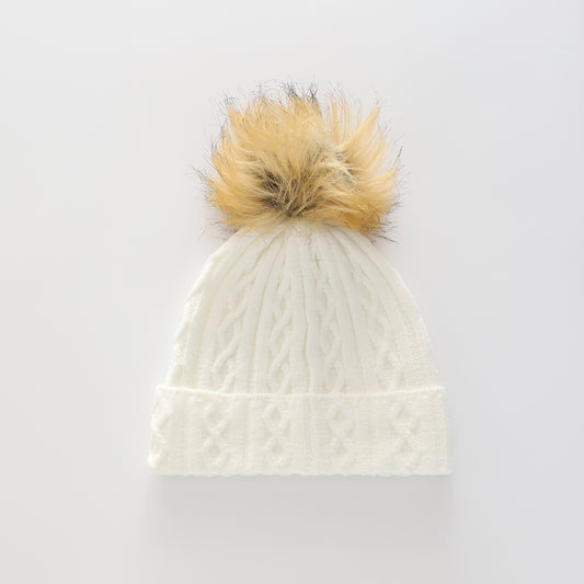 Girls' White Cable Knit Beanie with Pompom