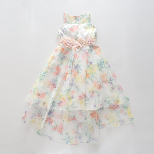 Girl's White Floral Tulle Party Dress