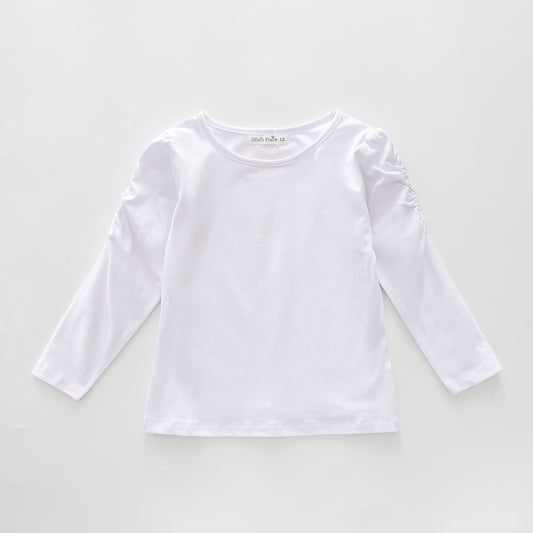 Classic Long Sleeve White  Tee With Scoop Neck And Ruching Sleeve Details