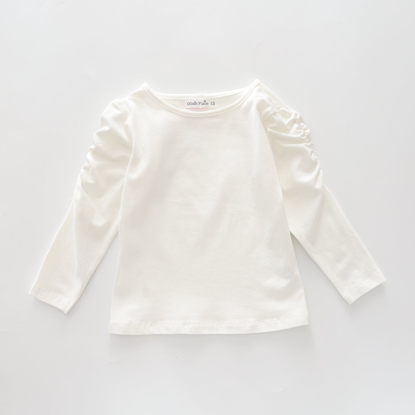 Classic Long Sleeve Ivory  Tee With Scoop Neck And Ruching Sleeve Details