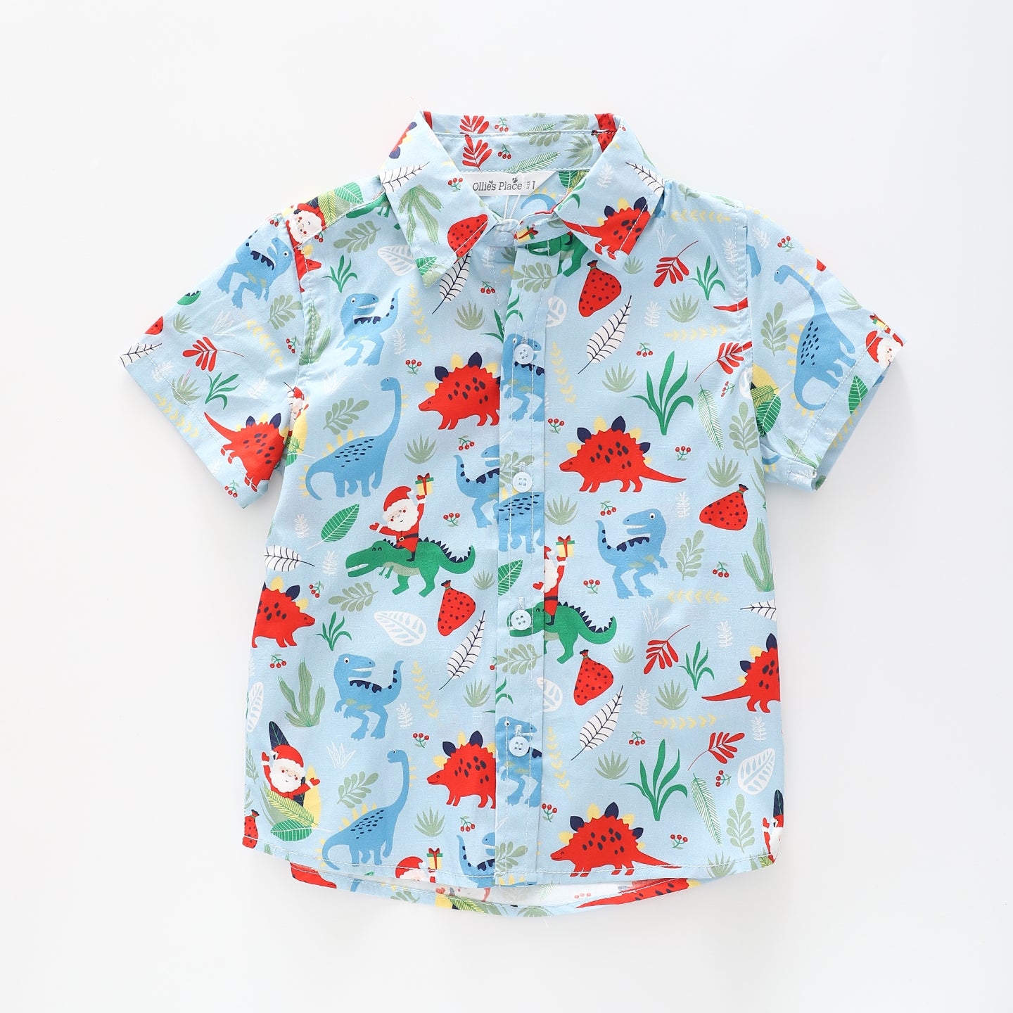 Boy's Blue Shirt With Christmas Dinosaur Print Ollies Place