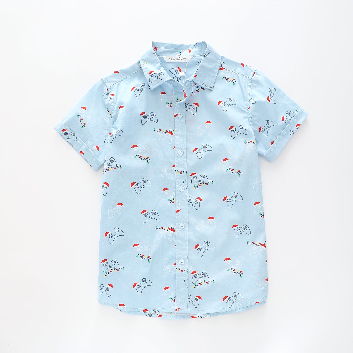 Boy's Blue Button-down Shirt With Christmas Print Ollies Place