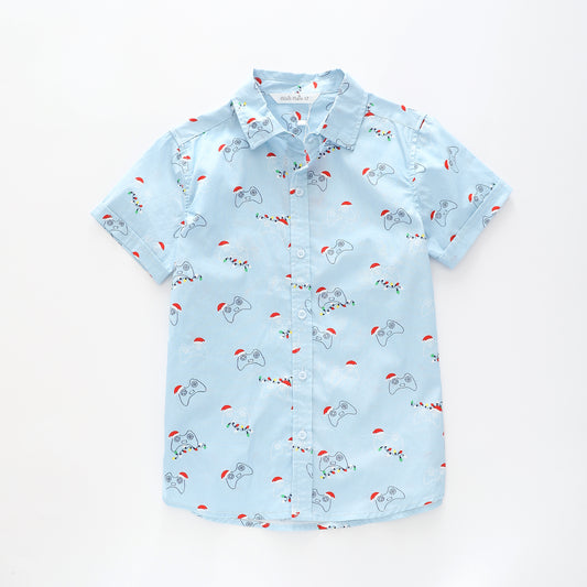 Boy's Blue Button-down Shirt With Christmas Print Ollies Place