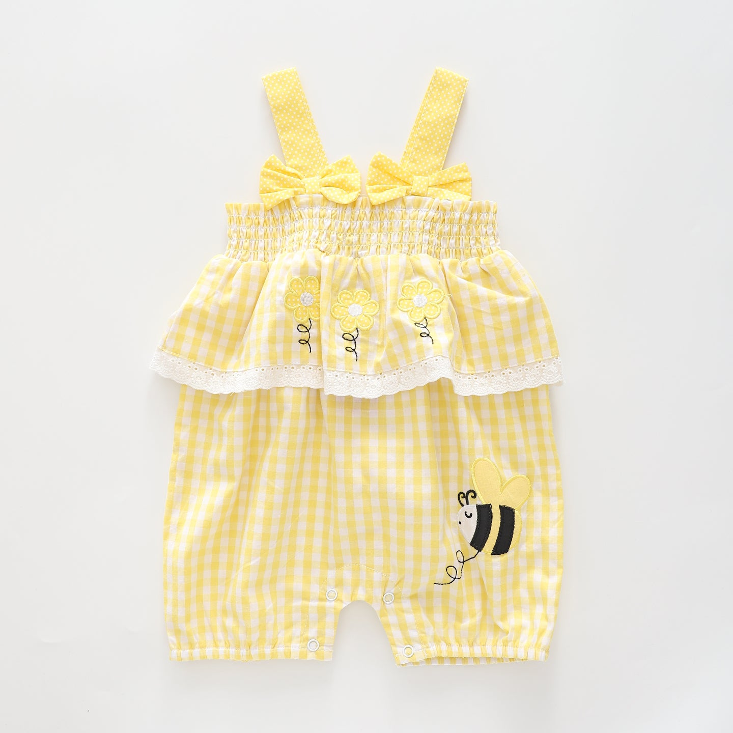 Girl's Yellow Gingham Bumblebee Romper Ollies Place