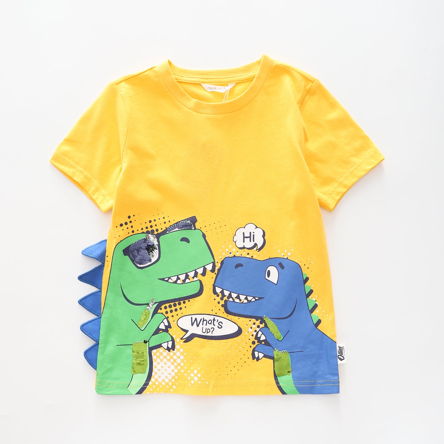 Boy's Yellow T-shirt With 'Hi' 'What's Up?' Dinosaur Print Ollies Place