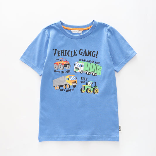 Boy's Blue T-shirt With 'Vehicle Gang' Truck Print Ollies Place