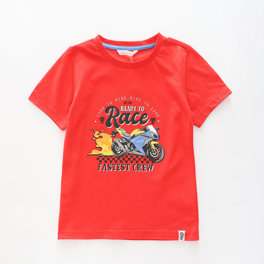 Boy's Red T-shirt With Ready To Race Print Ollies Place