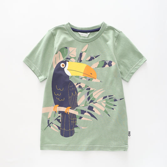 Boy's Khaki Green T-shirt With Toucan Jungle Print Ollies Place