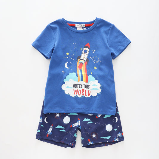 Boy's Blue Sleep Set With Rocket Print Ollies Place