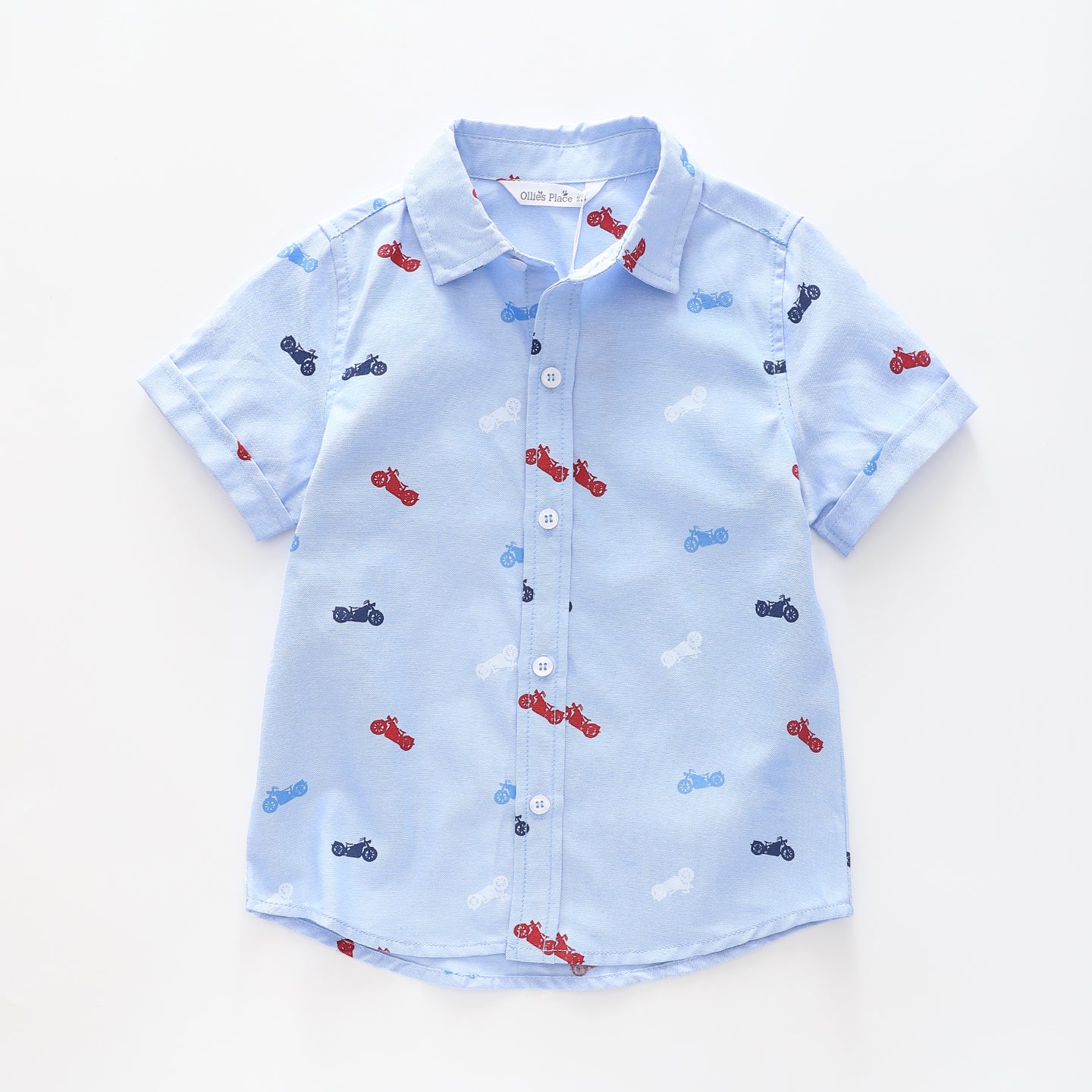 Boy's Blue Shirt With Motorcycle Print Ollies Place