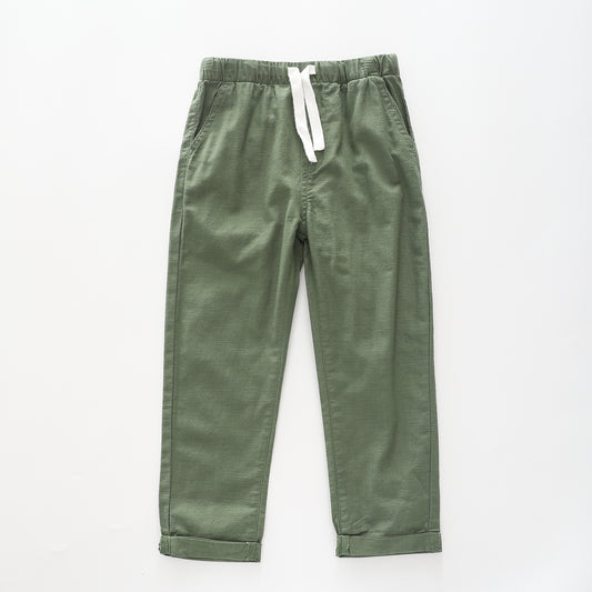 Boy's Khaki Green Linen Pants With Drawstring Waist Ollies Place