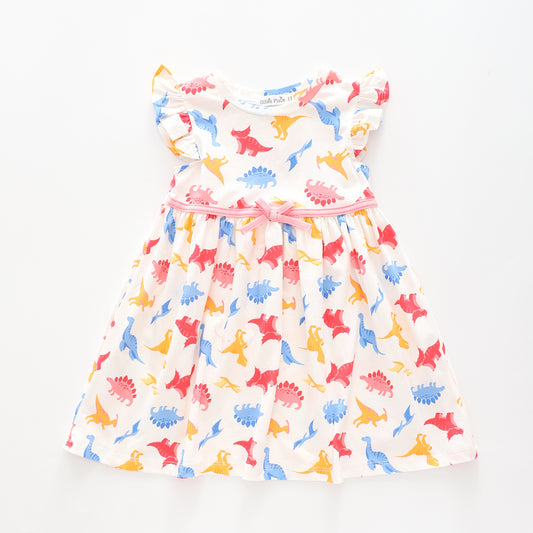 Girl's White Multicolour Dinosaur Dress Ollies Place