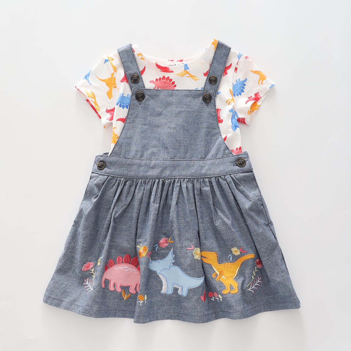 Girl's Dinosaur Denim Pinafore Dress And T-Shirt Set Ollies Place